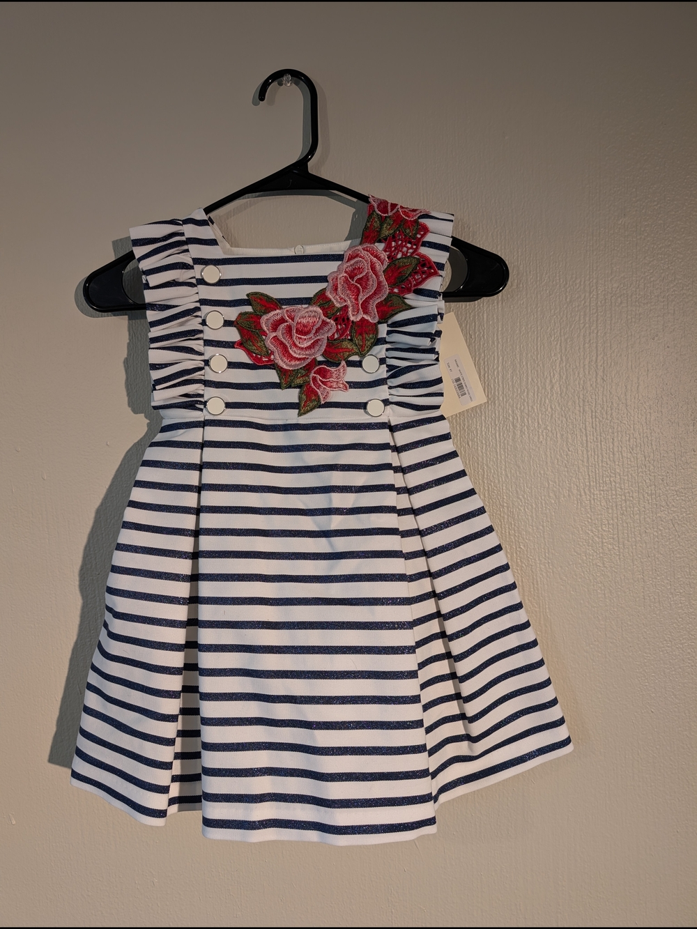 Navy & White Striped Girls Dress with Pink Rose Appliqué